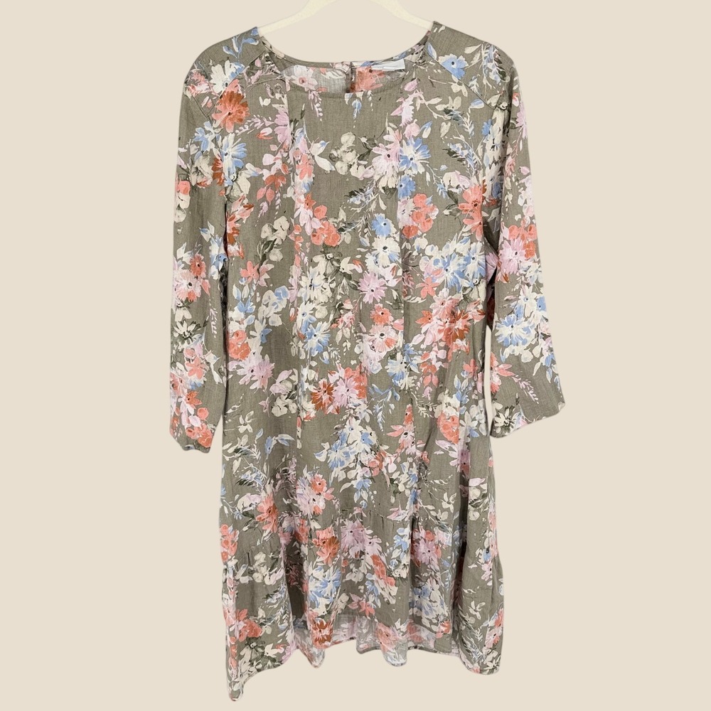 J. Jill Love Linen Shift Dress XL Green Floral Knee Length Cottage Coastal Boho